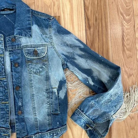 Custom Rolling Stones distressed denim jacket with fringe - Small - Picture 6 of 10